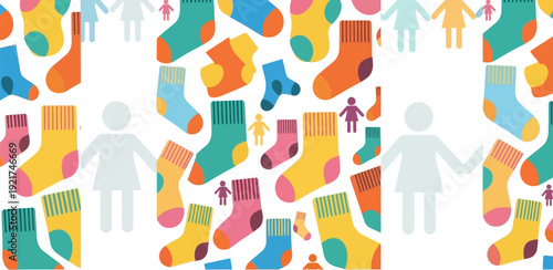 Happy Socks Pattern with Silhouettes of People Holding Hands, Representing Community, Unity, and Warmth