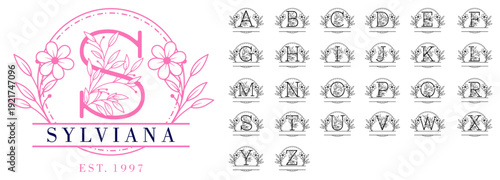 floral wreath split font  monogram letters with flower vector design