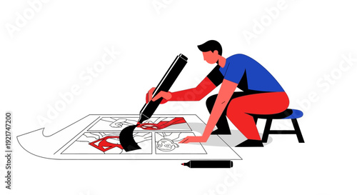 Young Artist Coloring Comic Book Panels with Large Marker Pen Creative Illustration