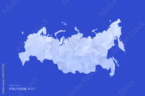 Russia Map - Polygon Style Vector Illustration in Blue and White Gradient, Low Poly Geometric Design, Isolated on Solid Background for Infographics and Digital Use.