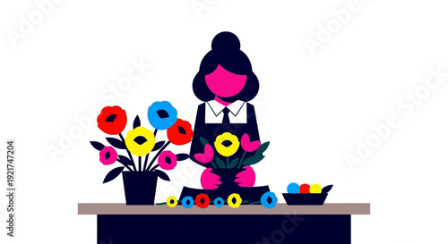 Vibrant Flat Illustration of a Woman Arranging Colorful Flowers for Floristry Business Concept