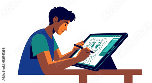 Young Digital Artist Drawing Cartoon Character on Graphics Tablet Illustration