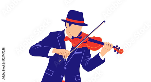 Stylish Musician in Suit Playing Red Violin with Fedora Hat Icon