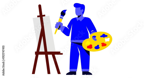 Digital Illustration of an Artist Painting on an Easel with Palette and Brush
