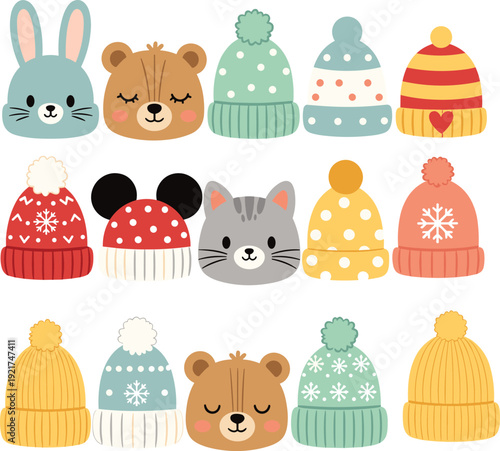 Colorful flat vector illustration of cute animal faces and patterned winter beanies for children seasonal fashion branding holiday cards and nursery decor, cad drawing flat vector illustration