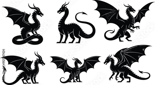 Set of six black dragon silhouettes with wings and horns isolated on white background for fantasy game design mythology projects and epic creature tattoos.