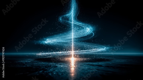 Blue Christmas tree with a bright light shining on it. The light is surrounded by a blue and white swirl of light