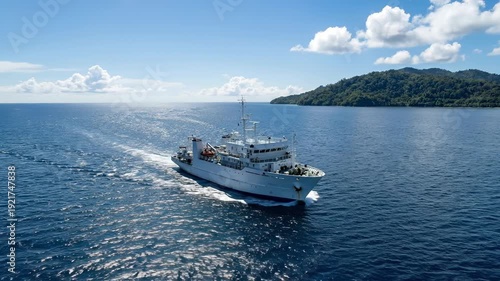 White research vessel cruising in tropical blue waters near a green island