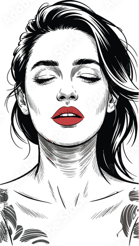 Elegant vector illustration of a glamour model face with stylish black hair and makeup art in a minimalist sketch style