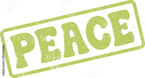 Distressed olive green rubber stamp impression featuring the word PEACE on a plain backdrop for tranquility