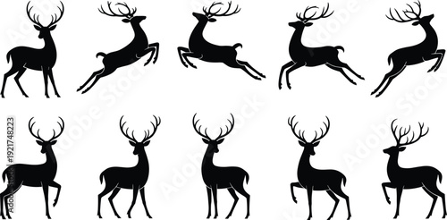 Ten black silhouette deer in various poses including standing and running antlers