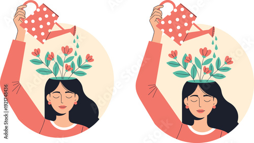 Mental Health Self Care Concept Woman Watering Mind with Flowers Positive Growth Vector Illustration