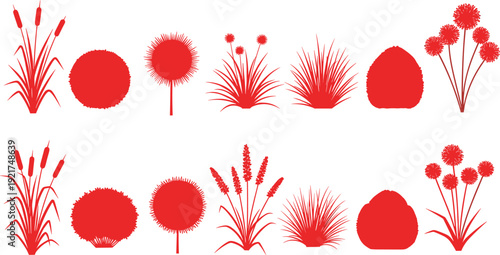 Red ornamental grass and shrub silhouettes collection, decorative garden plant shapes set, landscape design elements, isolated vector illustration