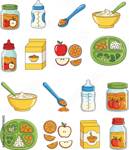 Comprehensive Collection of Baby Food Essentials Featuring Organic Puree Jars Formula Bottles Healthy Fruit Slices and Balanced Toddler Meals Vector Illustrations