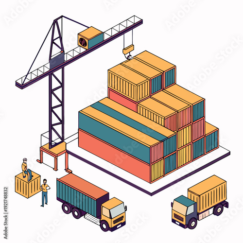 Colorful shipping containers stacked with trucks and crane