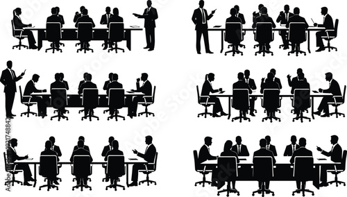 Comprehensive collection of business people silhouettes in office meeting room scenarios participating in corporate seminars workshops and professional boardroom discussions