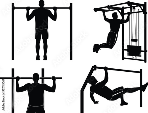 Four silhouettes gym exercises barbell squat lat pulldown shoulder press bench press strength workout fitness sport health training flat vector illustration