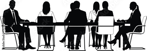 Business meeting silhouette of professional team sitting at conference table for corporate presentation office collaboration and executive management leadership discussion