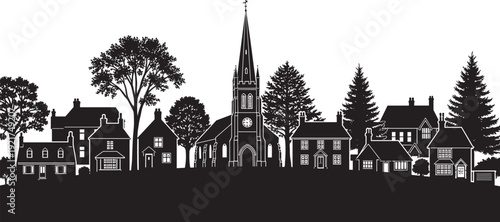 Silhouette of traditional village with church steeple, houses, and trees, representing rural architecture, community lifestyle, and historical countryside design for decorative vector artwork.