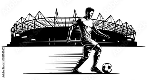 Silhouette of a soccer player on a stadium field in monochrome, dynamic motion and outdoor competition.