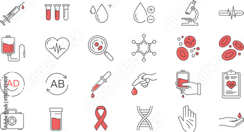 Medical Blood Donation and Healthcare Icons Set with Laboratory Equipment Transfusion and Awareness Symbols Vector Illustration