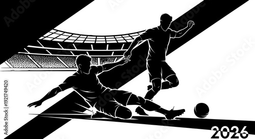 Dynamic soccer action silhouettes in stadium under dramatic lighting, players chasing ball.
