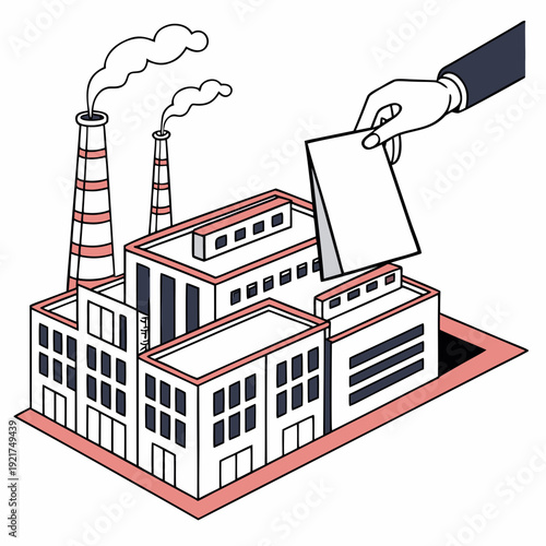 Factory building with smoking chimneys and hand holding ballot box