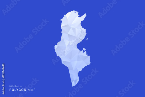 Tunisia Map - Polygon Style Vector Illustration in Blue and White Gradient, Low Poly Geometric Design, Isolated on Solid Background for Infographics and Digital Use.