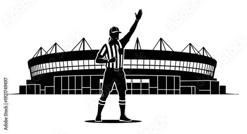 Silhouette of a victorious athlete celebrating in front of a stadium.
