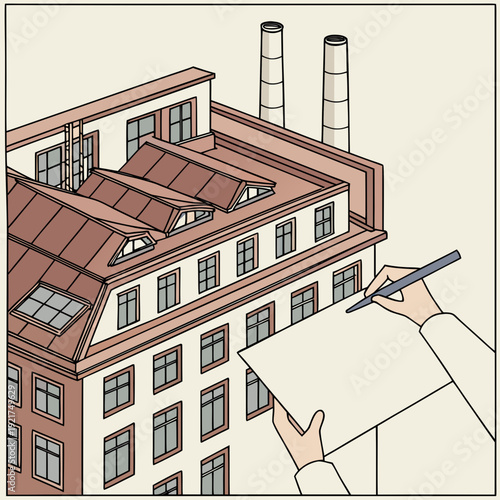 Layered factory building with brown roof and white walls