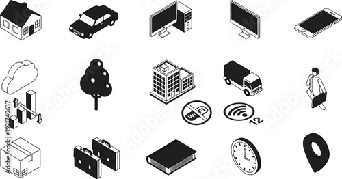 Isometric City and Transportation Icon Set with Buildings, Vehicles, Electronics, Navigation, and Urban Infrastructure Symbols for Web and App Design
