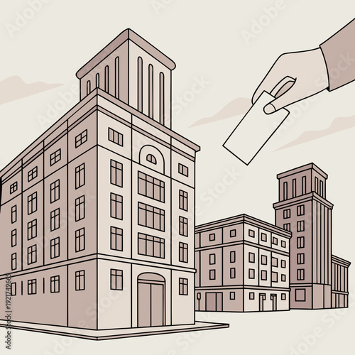 Brown buildings with many windows and a hand holding a card