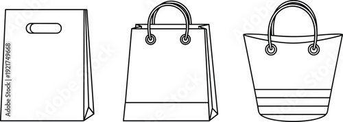 Set of Shopping Bag Illustrations Featuring Tote, Paper, and Retail Packaging Designs in Black-and-White Line Artwork