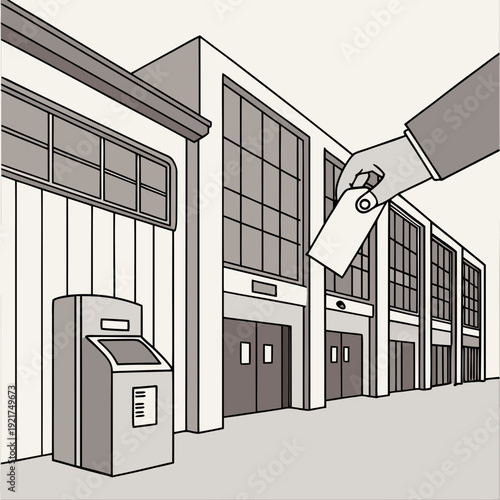Grayscale of industrial building with hand holding keys