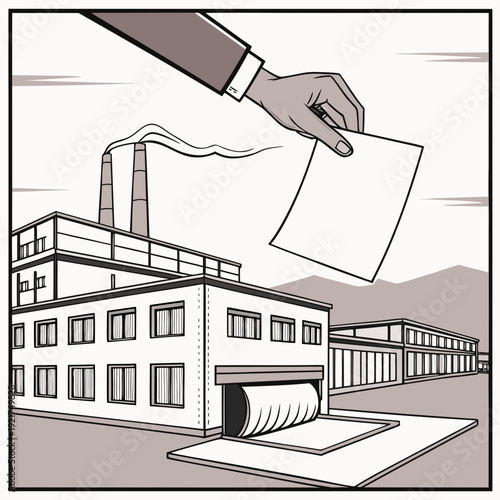 Industrial building with smoking chimney and hand holding paper