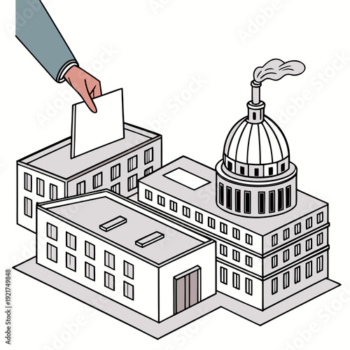 Hand casting ballot into building with dome voting