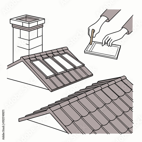 Roof construction with chimney and hands installing tiles