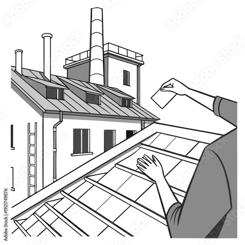 Worker installing skylight on roof of industrial building