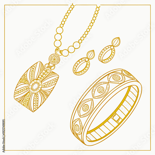 Gold jewelry set with necklace ring and earrings