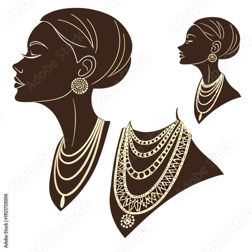 Brown silhouettes of women wearing gold jewelry african