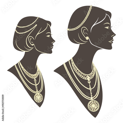 Gold jewelry on brown silhouettes of women with short hair