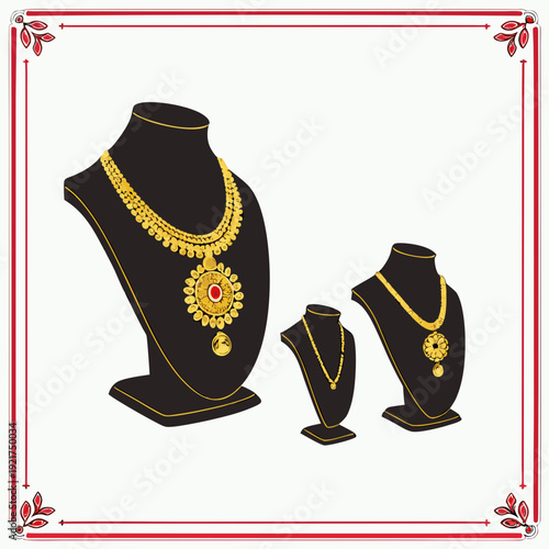 Gold necklaces on black display stands with red border