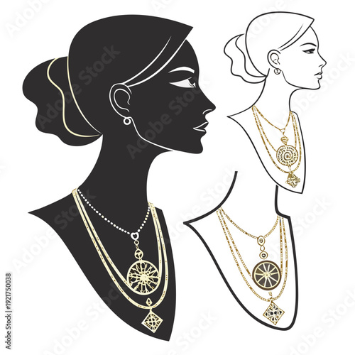 Gold necklaces on women's silhouettes jewelry black and white