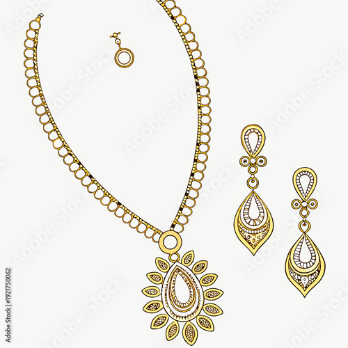 Gold jewelry set with necklace and earrings pendant