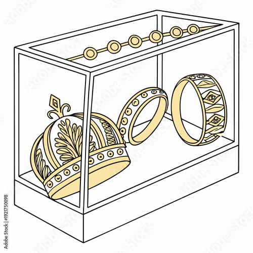 Gold jewelry in display case crown rings