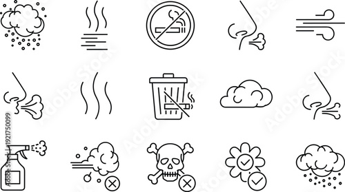 Air Pollution and Environmental Hazard Line Icons Set with Smog Toxic Gas and Warning Symbols Vector Illustration