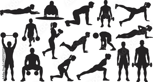 Full body fitness and strength training silhouette set with dumbbell, barbell and bodyweight exercises isolated on white background