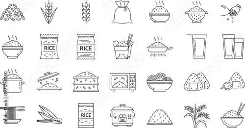 Rice Food and Agriculture Line Icons Set with Grain Cooking Tools and Asian Cuisine Elements Vector Illustration