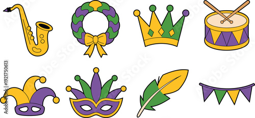 Set of Mardi Gras carnival icons including saxophone trumpet drum crown jester mask feather and festive bunting isolated on white background for holiday celebration