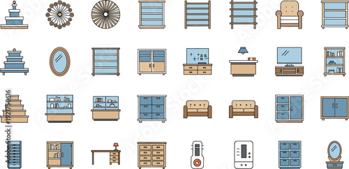 Home Furniture and Interior Decor Icon Set Featuring Cabinets, Shelves, Armchairs, Dressers, Mirrors, and Storage Units for Modern House Design